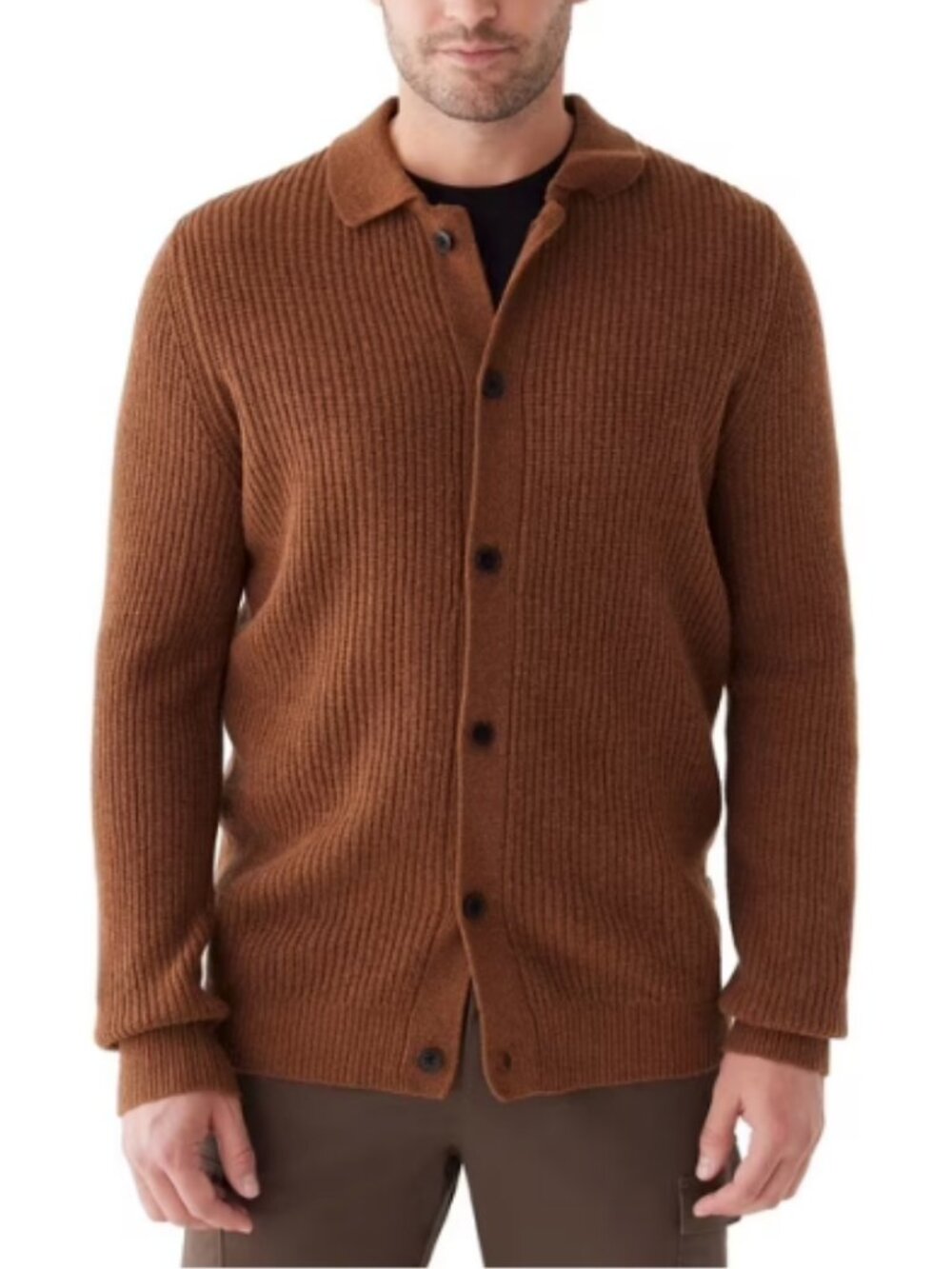 Frank and Oak Men's Ribbed Button-Front Cardigan in Brown